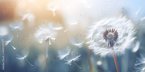 Closeup of white dandelion seeds in the air, White Flowering Dandelions, dandelion seeds with drops of water on a blue dark background close-up, generative AI
 photo