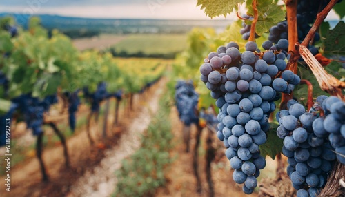 dark blue grapes in plantation ripe wine in vineyard closeup purple grapevine in vineyards new vintage wine concept