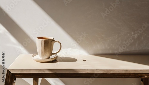 minimalist nordic style good morning concept cup with drink on beige table and empty white wall with aesthetic natural sunlight shadows and copy space