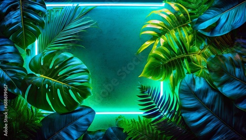 green and blue neon light with tropical leaves