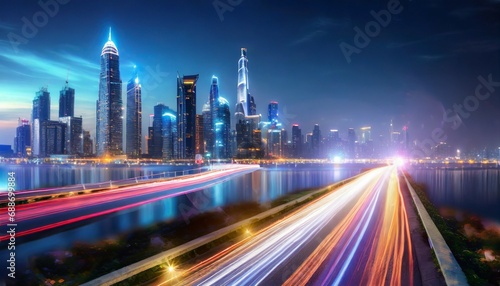 speed light trails path through smart modern mega city and skyscrapers town with neon futuristic technology background future virtual reality motion effect high speed light with generative ai photo