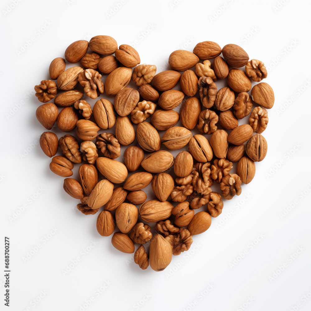 Heap of walnut be arrange in heart shape on white background. Healthy love food. Vegan lover.
Heap of walnut be arrange in heart shape on white background. Healthy love food. Vegan lover.
