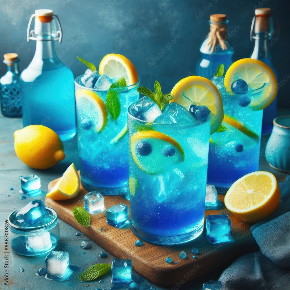Blue Lagoon drink, lemon syrup, lemon soda, blue dye, ice, drinks concept, generative ai