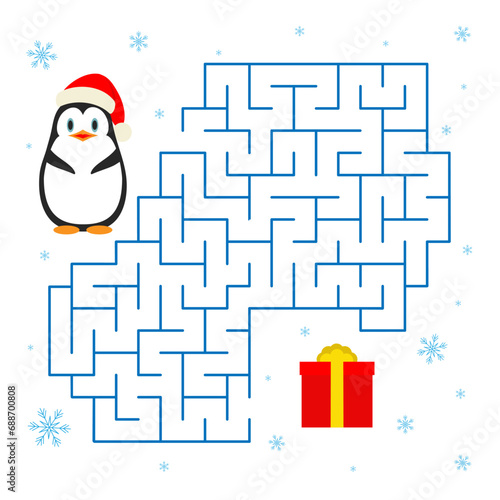 Game Christmas Maze. Vector maze with penguin and gift for children's education. Help the penguin in a Santa hat find his way to the gift. Flat design.