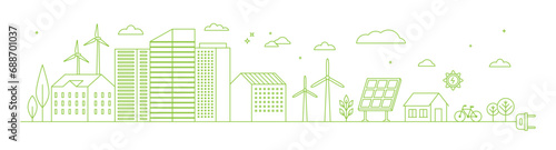 Vector concept and infographic design elements in trendy linear style - city illustration concept with alternative energy generators 