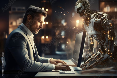 depicting the future of work and the integration of AI in the workforce, a businessman works alongside an artificial intelligence cyborg in an office setting,