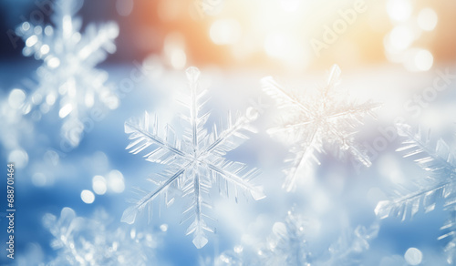 A snowflake on a blue background with a gradient of blue blurred bokeh. Dreamy and wintery mood. Winter  xmas background.