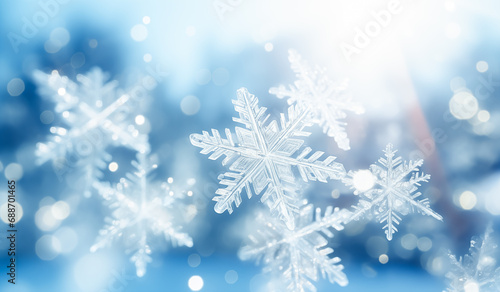 A snowflake on a blue background with a gradient of blue blurred bokeh. Dreamy and wintery mood. Winter, xmas background.