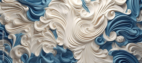 wave floral pattern motif, blue white 1