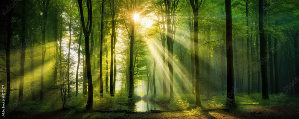 Fototapeta premium Bright panoramic sunrise or sunset in green forest in summer background