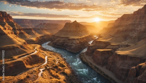 A rugged canyon with a meandering river
