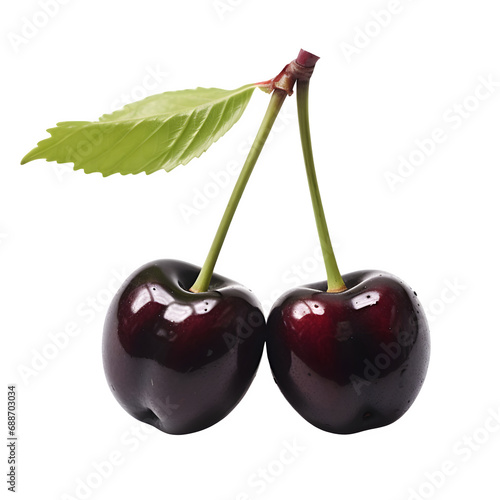 Two black cherries with leaf, transparent background photo
