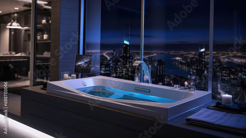 Voice-controlled spa tub and intelligent mirror in Smart Home bathroom