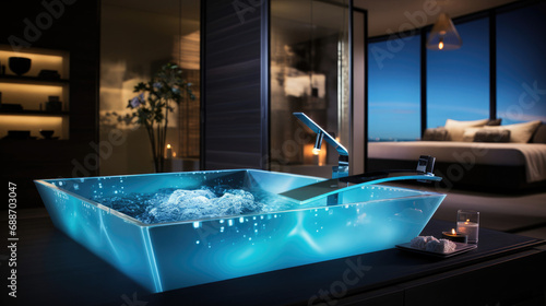 Spa tub and smart mirror in a high-tech Smart Home bathroom © javier