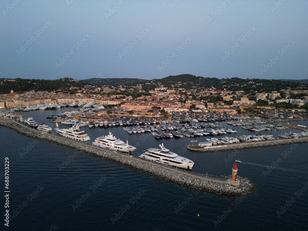 Saint Tropez port enterance  France evening drone aerial