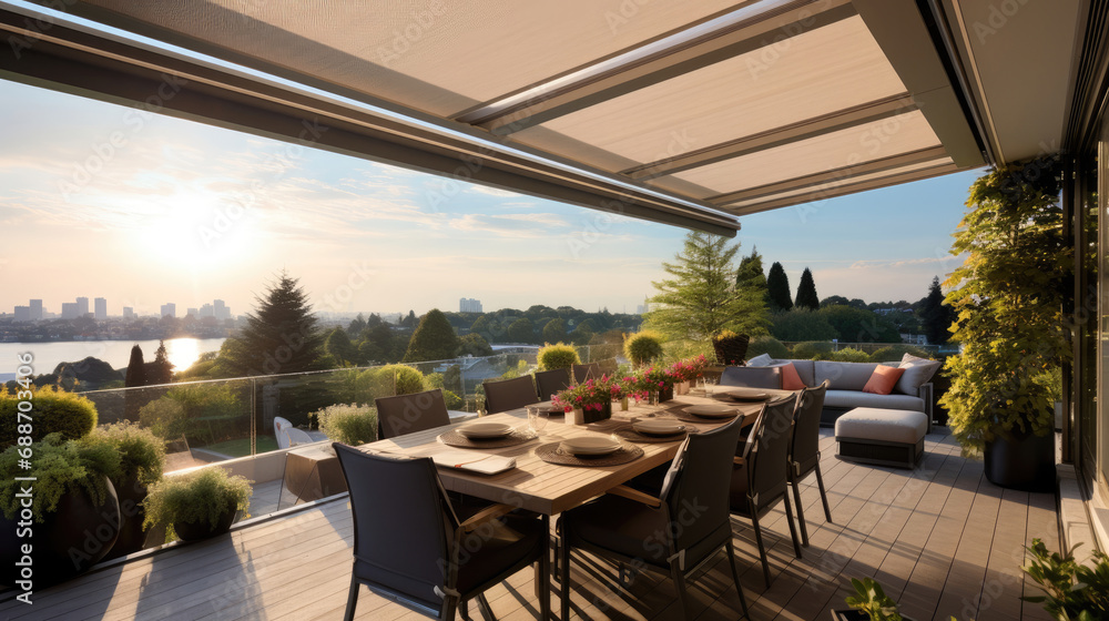 Smart Home rooftop terrace with automated awnings and music Stock Photo ... - Luxury Rooftop Rentals With Active-Zero Support.