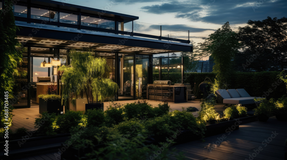Enchanting Smart Home rooftop garden with automation and LED lights
