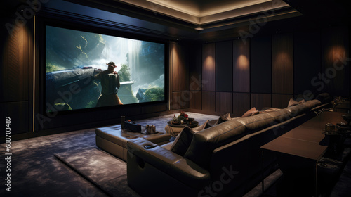 Comfortable Smart Home cinema with digital interface and LED lighting
