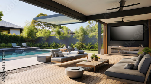 High-tech outdoor entertainment in a Smart Home with weatherproof gear photo