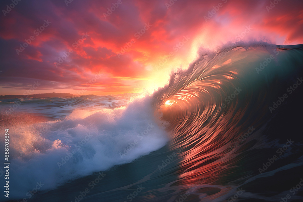 dramatic rouge wave captured at sunset in Aivazovsky-like style