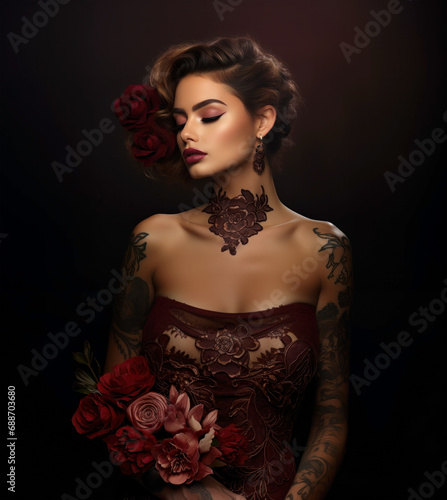 Elegant tattooed woman with roses, Portrait of a lady with floral tattoos and red flowers