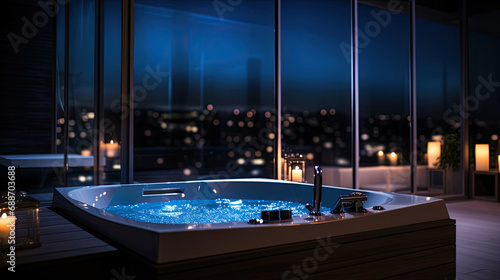 Smart Home private spa with voice-activated jacuzzi and mood lighting © javier