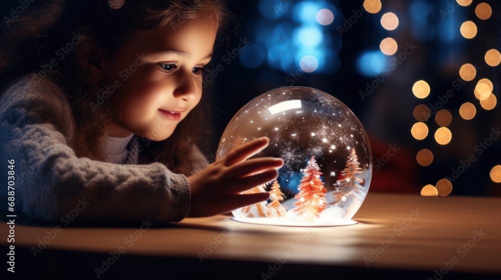 Naklejka premium Little girl in a cozy evening setting, holding a glass glowing ball against the backdrop of Christmas lights. Childhood magic captured in a festive moment.