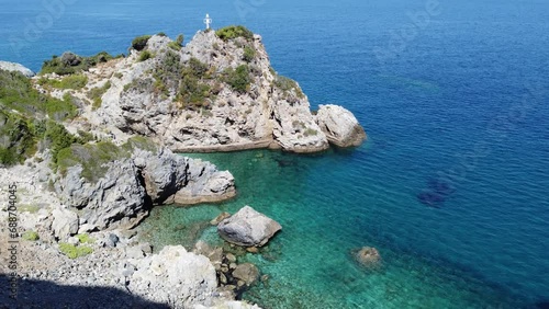 Aerial view of turquoise blue Mediterranean water on the coast of Samos, Greek Aegean Sea photo