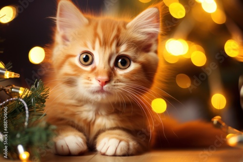 Cute cat and gift boxes against Christmas tree. Feline fur, playful kitty, seasonal event, fluffy tail.