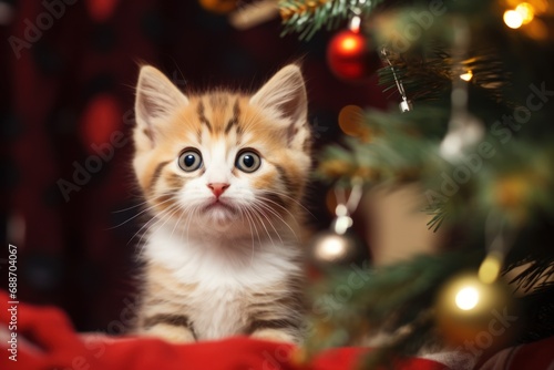 Christmas cat next to gift boxes and tree. Adorable kitten, red fur, playful, seasonal celebration, furry paw.