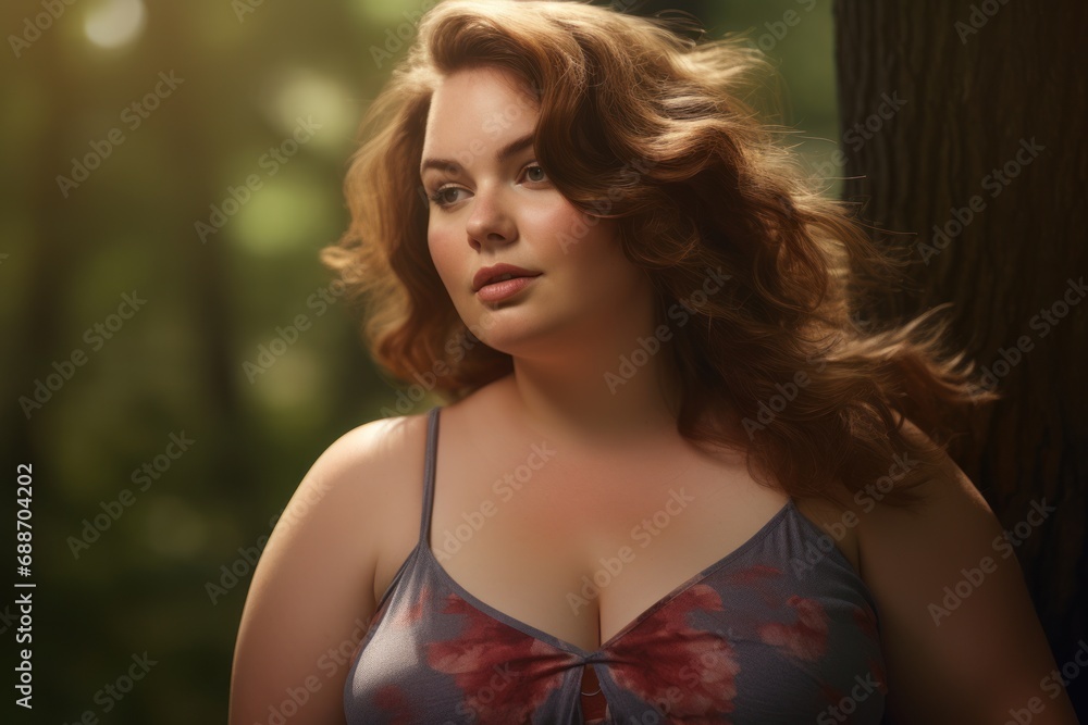 Body-positive brunette model poses outdoors, emphasizing her pretty features against a backdrop of lush green leaves. Body-positive brunette model poses outdoors, emphasizing her pretty features against a backdrop of lush green leaves.