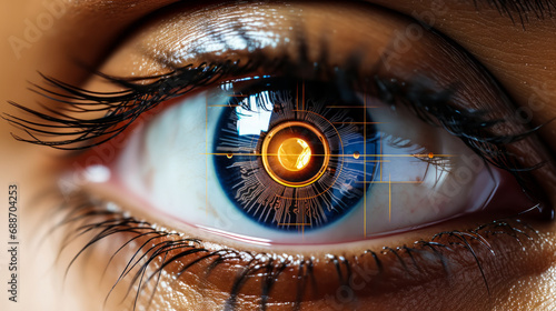 Close-up of a human eye with a futuristic digital targeting overlay, symbolizing advanced biometric identification technology