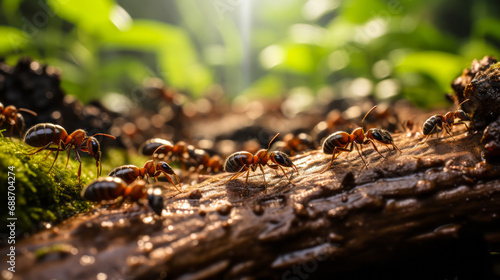 Canvas Print Busy ant colony at work on forest floor, macro shot with selective focus highlig