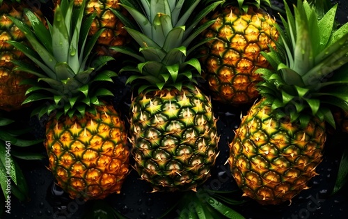 Fresh Pineapples with Waterdrops on Dark Background