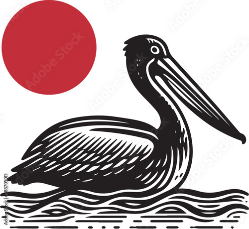 Pelican on the waves of the lake and the sun. Beautiful simple vintage engraving illustration. Red and black
