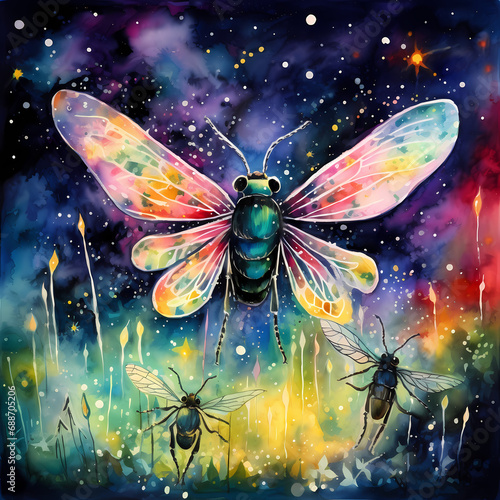 a vivid fantasy world featuring abstract fireflies with watercolor-inspired strokes © Cao