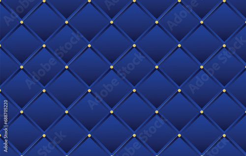 Royal blue background with gold buttons. Vector leather or velvet vintage luxury upholstery with golden buttons seamless pattern background