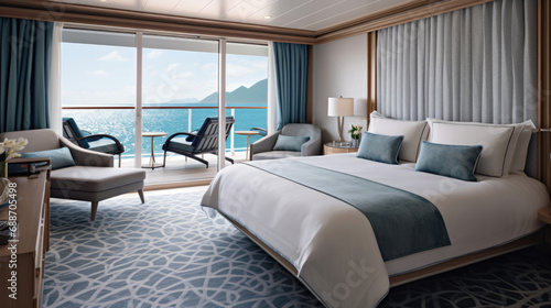 Spacious First-Class Cruise Cabin King-Sized Bed Private Balcony High-End Finishes Oceanfront Views