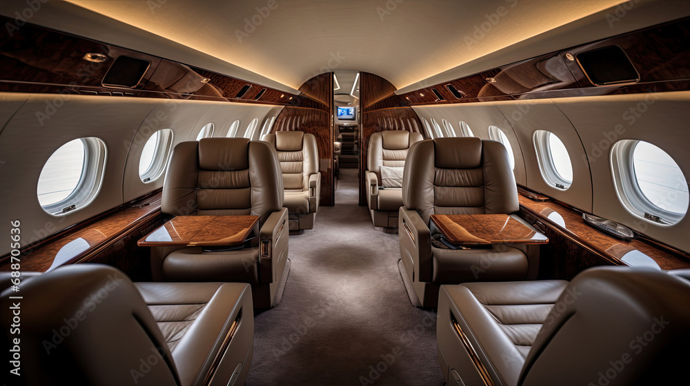 Exclusive Jet Interior Velvet Seating Polished Wood Finishes Panoramic Views