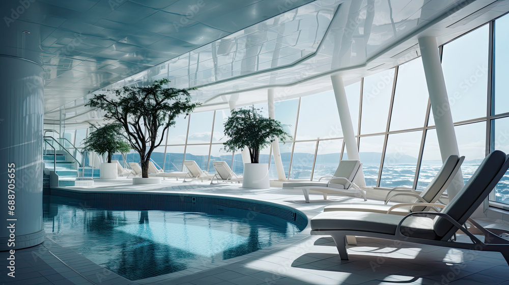 Fototapeta premium Luxury Cruise Ship Spa Marble Decor Serene Pools Ocean Views