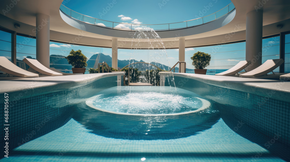 Fototapeta premium Cruise Ship Spa Marble Accents Tranquil Pools Luxurious Loungers Ocean Views