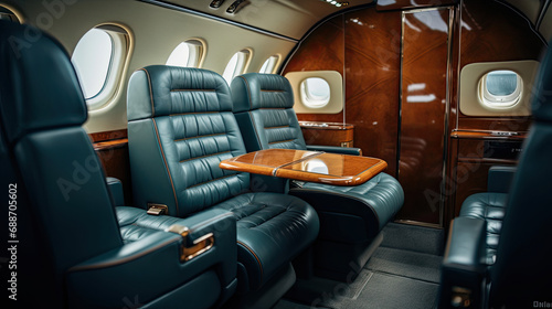 Classic Aircraft Cabin Polished Brass Accents Leather Seating Timeless Beauty © javier