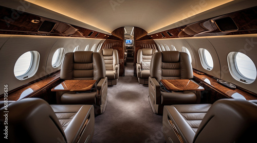 Exclusive Jet Interior Velvet Seating Polished Wood Finishes Panoramic Views © javier