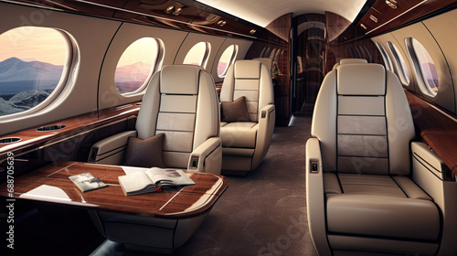 Luxury Jet Cabin Plush Velvet Seating Polished Wood Integrated Bar Panoramic Vistas © javier