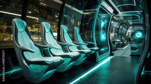 Sleek Autonomous Bus Interior Modular Seating High-Tech Displays