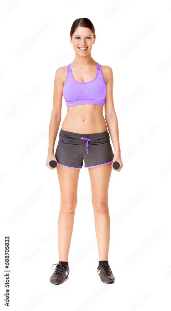 Woman, portrait and smile with dumbbells in studio for exercise, workout or training for fitness. Athlete, person and face with happy or mock up for physical activity and wellness on white background Woman, portrait and smile with dumbbells in studio for exercise, workout or training for fitness. Athlete, person and face with happy or mock up for physical activity and wellness on white background
