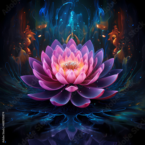 a vivid mirage featuring the neon glow of lights, cosmic influences, and abstract lotus elements during nightfall