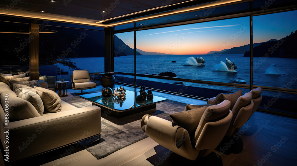 Superyacht Cinema Plush Seating AV Technology Starlit Ceiling Ocean Views