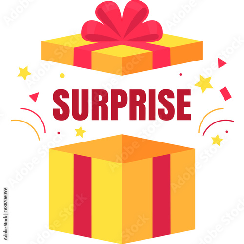 Yellow blank gift box with surprise text in flat design for using as banner