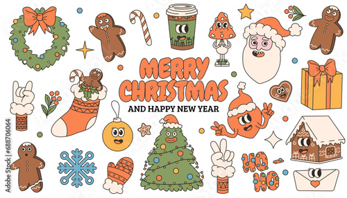 Groovy hippie Christmas stickers. Santa Claus gifts coffee heart gingerbread in trendy groovy retro cartoon style. Cartoon characters and elements.